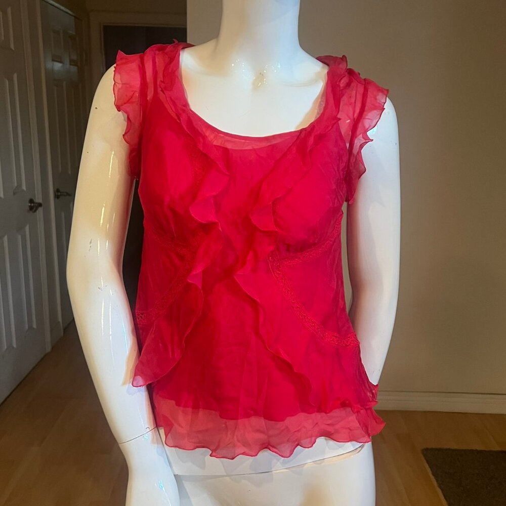 $325 PHILOSOPHY DI ALBERTA FERRETTI SILK RUFFLE TRIM BLOUSE SZ 40 IT / 4 US
